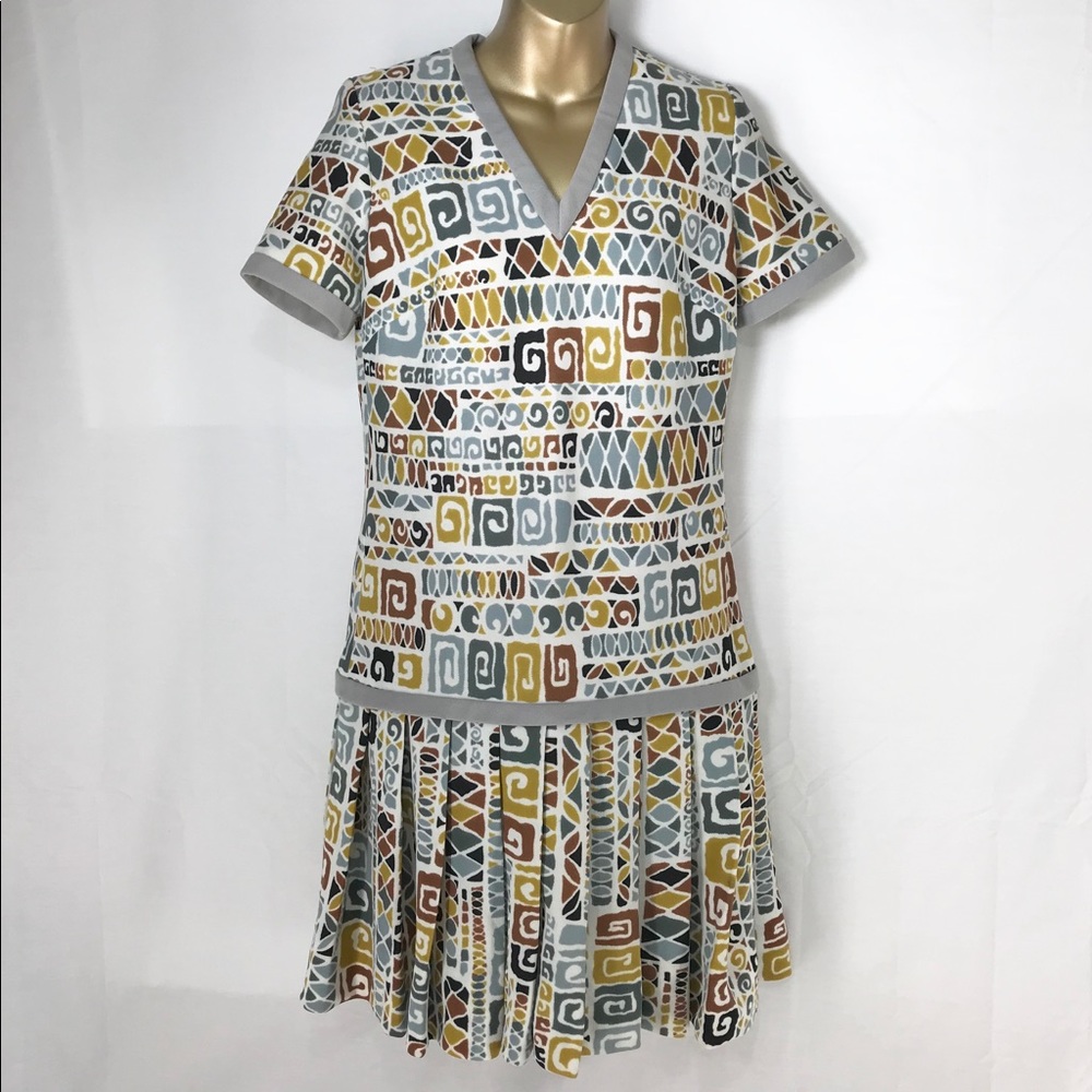 Vintage 1970s Kiva LTD Print Pleated Skirt Dress